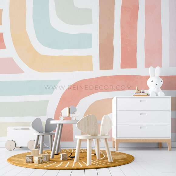 Pink, Orange, and Blue Watercolor Geometric Lines Pattern Wallpaper - Picture 1 of 9
